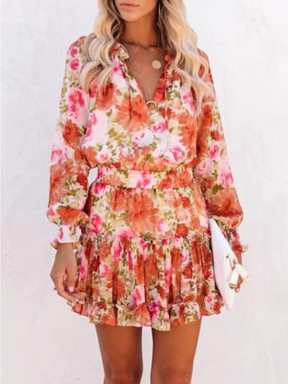 Skylar + Madison Pink & Orange Floral V-Neck Ruffled Mini Dress NWOT